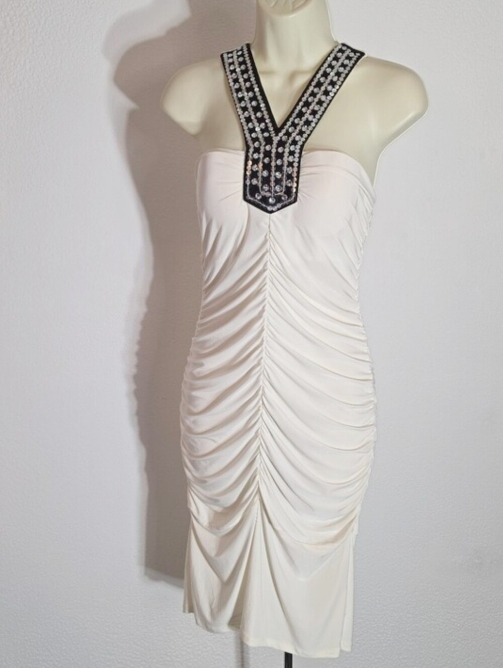 Savannah Studio Dress Sequined Ruched Cream Size L - Picture 7 of 13